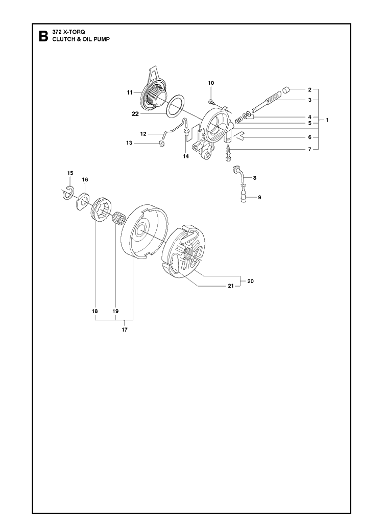 Clutch And Oil Pump 8 Diagram and Parts List for XPG X-TORQ Husqvarna Chainsaw