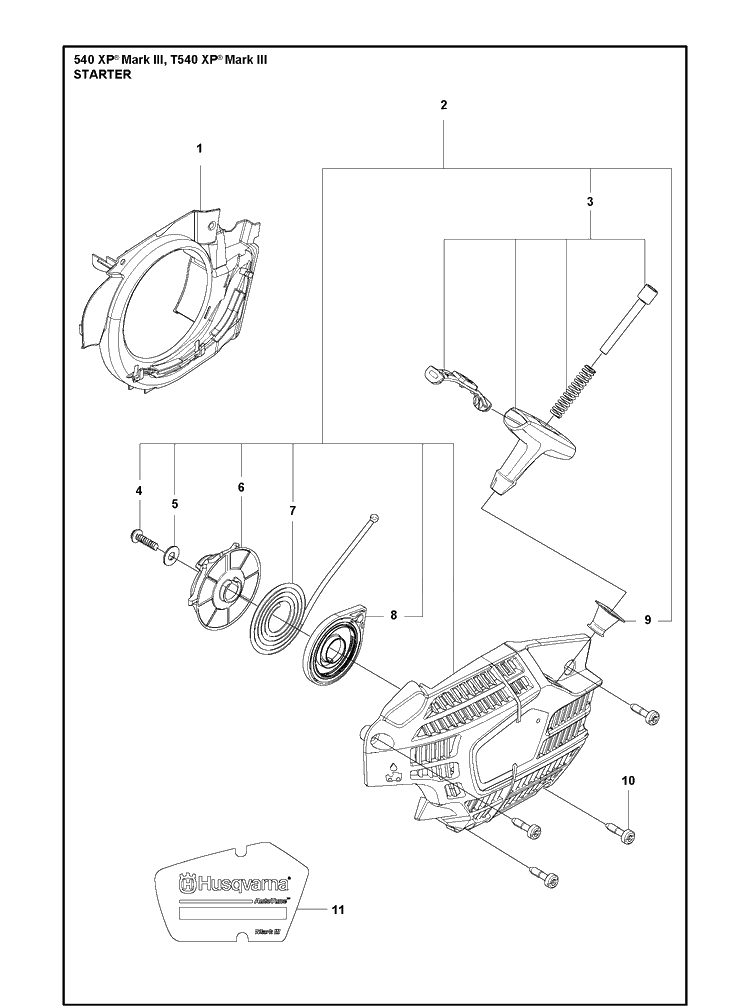 Starter Diagram and Parts List for Mark III Husqvarna Chainsaw