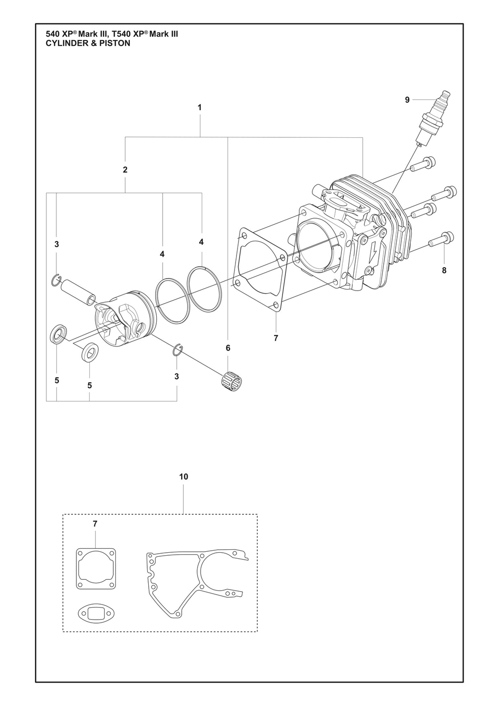 Cylinder Piston Diagram and Parts List for  Husqvarna Chainsaw