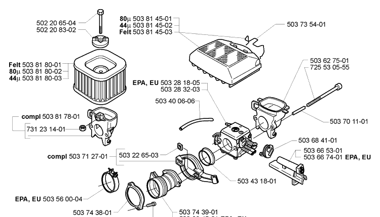 Air Filter / Carburetor Diagram and Parts List for 2005-05 Husqvarna Chainsaw