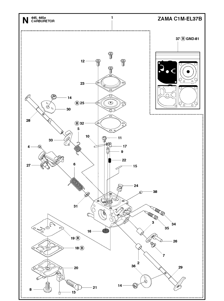 Carburetor Diagram and Parts List for  Husqvarna Chainsaw