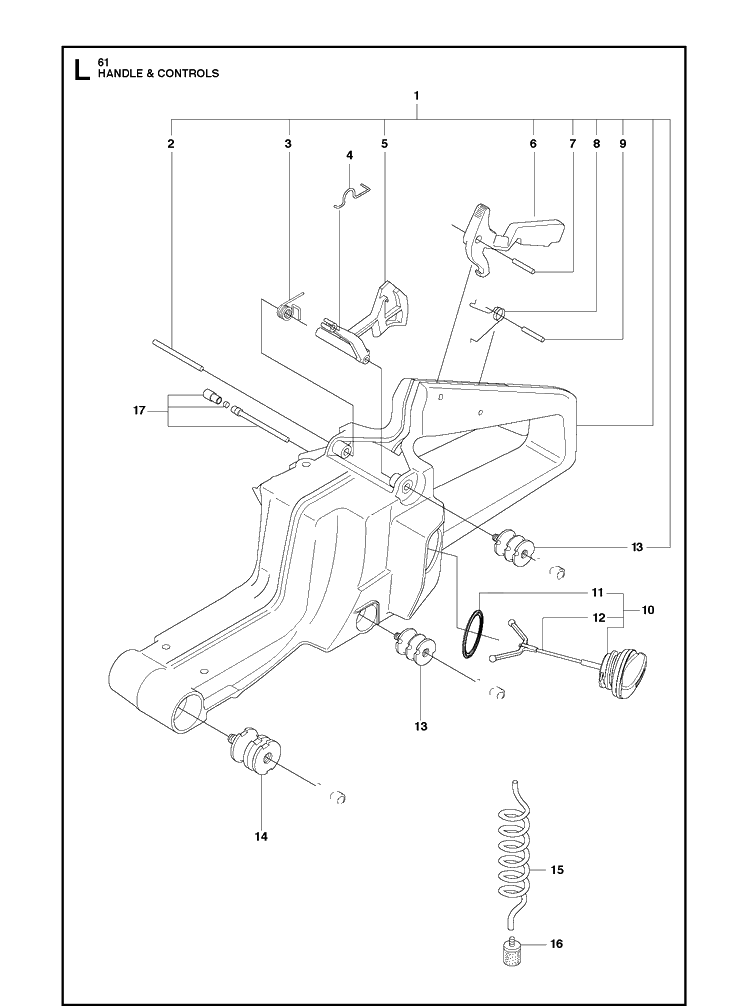 Handle And Controls Diagram and Parts List for 20162700001-20173200000 Husqvarna Chainsaw