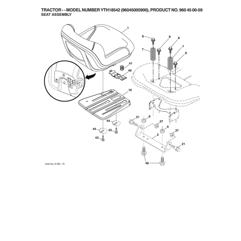 Seat Assy Diagram and Parts List for  Husqvarna Lawn Tractor