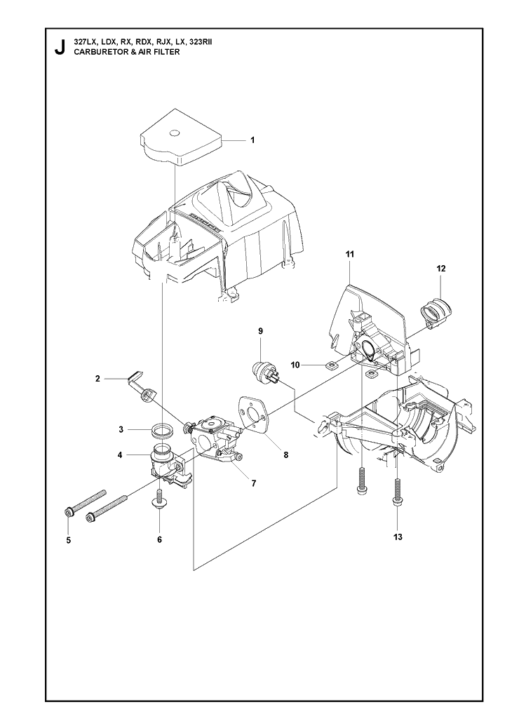 Carburetor And Air Filter Diagram and Parts List for 20120100001-Current Husqvarna Edger