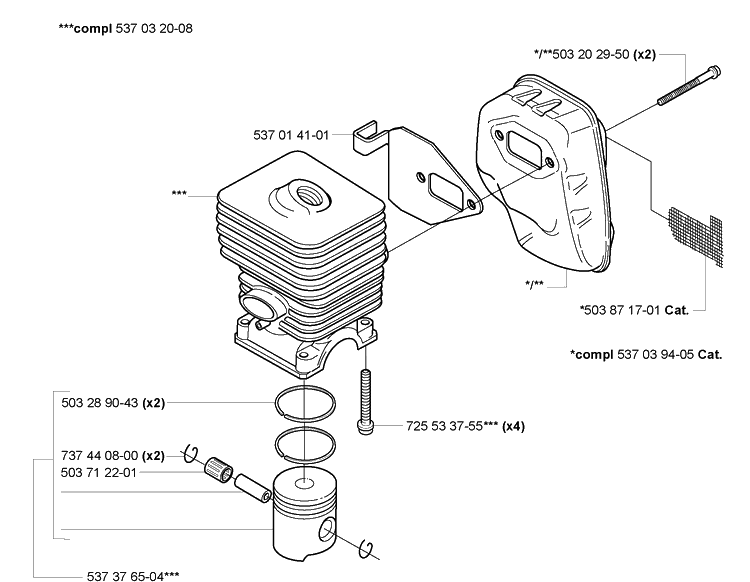 Piston/Cylinder/Muffler Diagram and Parts List for 2005-04 Husqvarna Trimmer