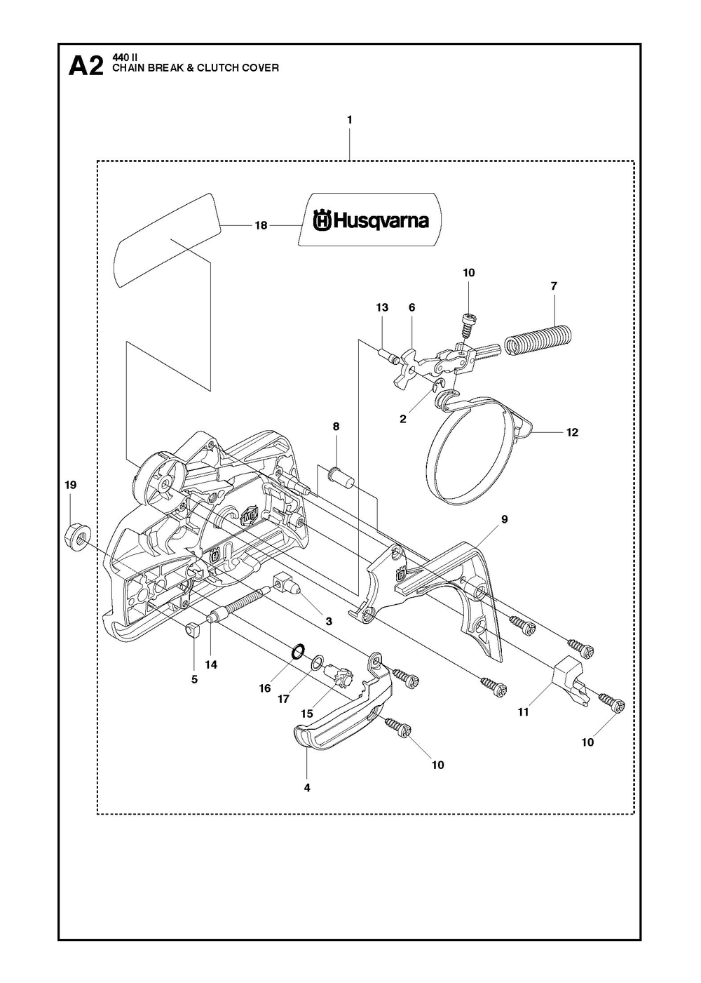 Chain Brake And Clutch Cover Diagram and Parts List for e-series II Husqvarna Chainsaw