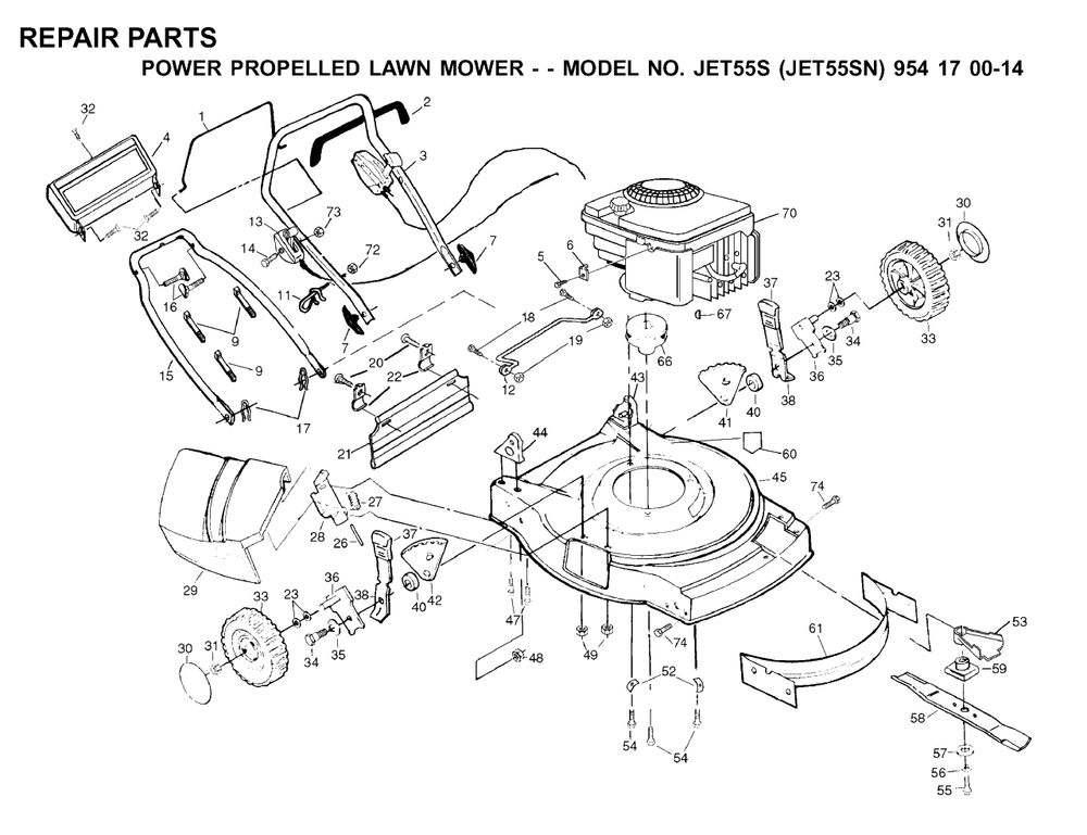 Frame And Engine Diagram and Parts List for JET55 (954170014-N)(2000-02) Husqvarna Lawn Mower