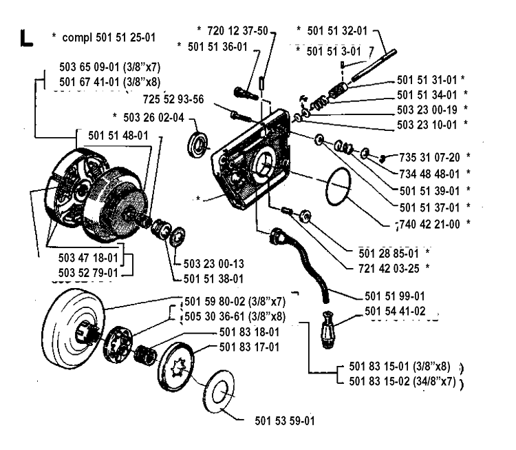 Clutch And Oil Pump Diagram and Parts List for 19930100001-19970100000 Husqvarna Chainsaw