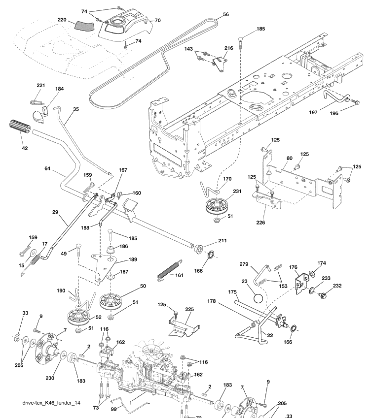 Drive Diagram and Parts List for (96043006100)(2009-04) Husqvarna Lawn Mower