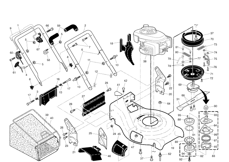 Frame And Engine Diagram and Parts List for  Husqvarna Lawn Mower