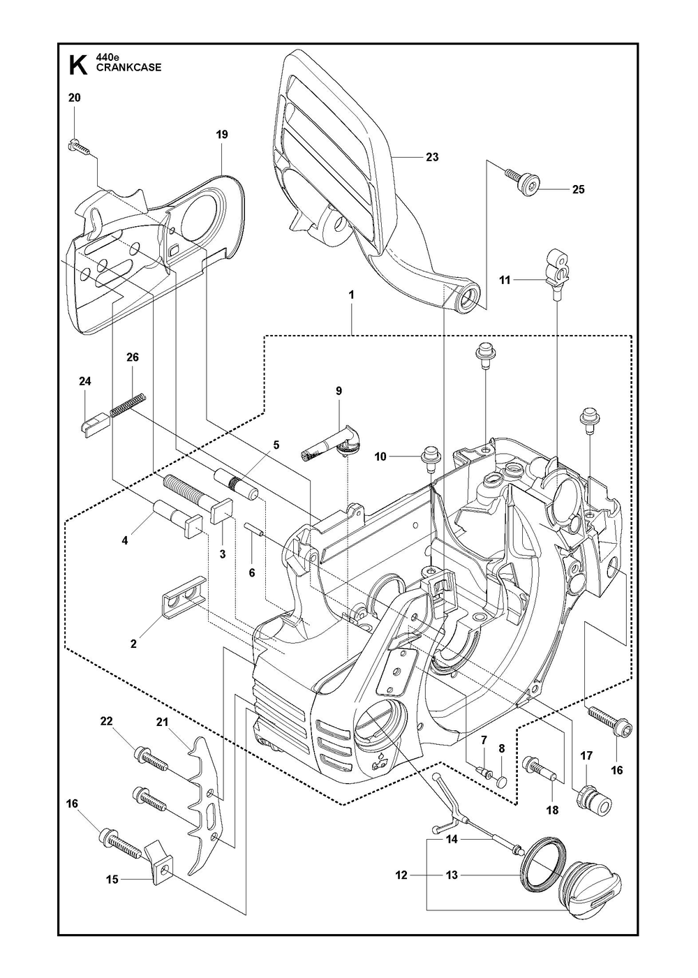 Crankcase Diagram and Parts List for e-series Husqvarna Chainsaw