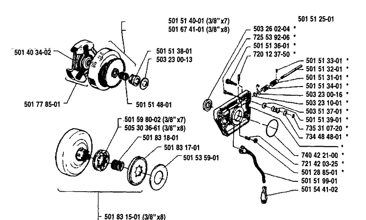 Oil Pump/Clutch Diagram and Parts List for 1991-03 Husqvarna Chainsaw