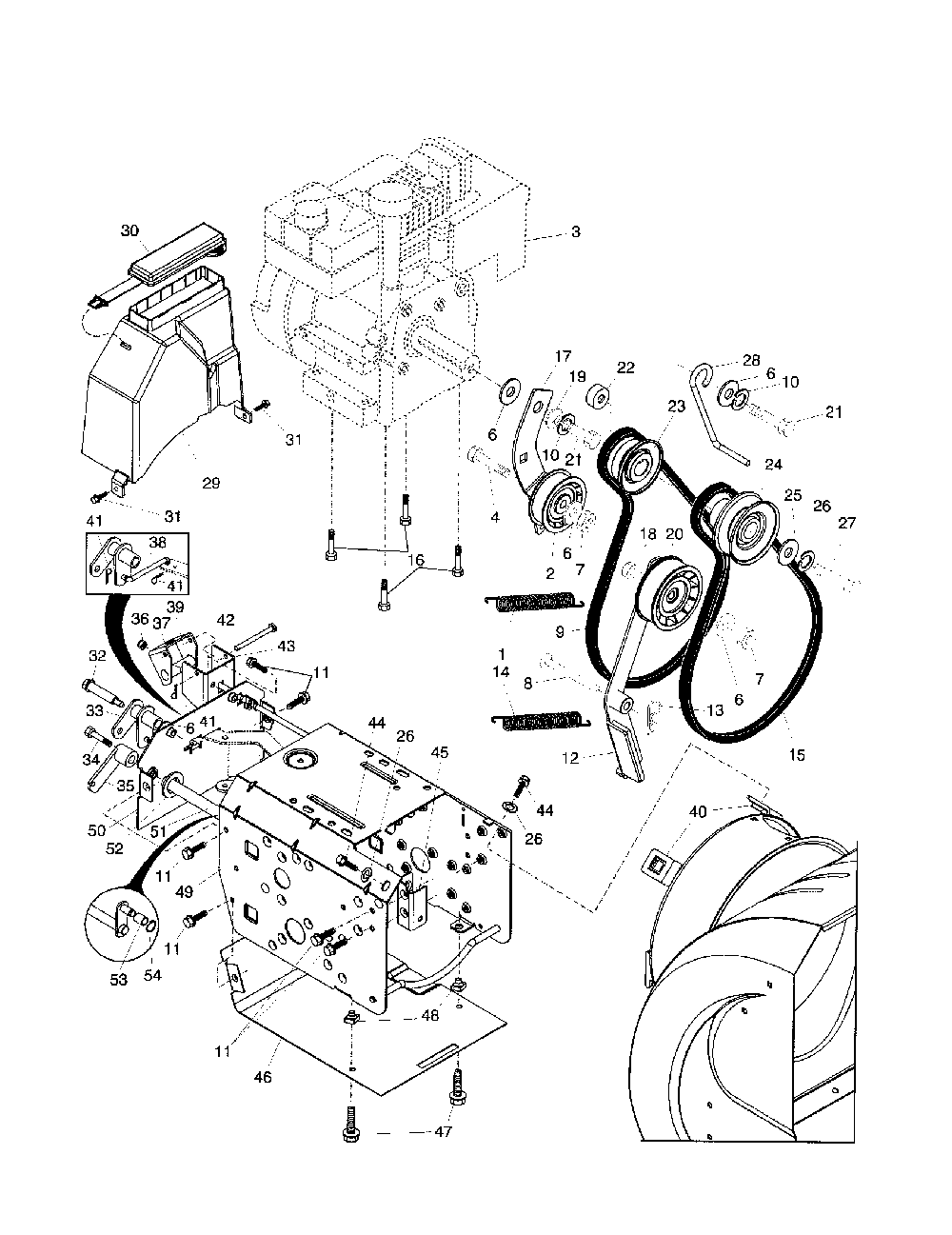 Chassis/engine/pulleys Diagram and Parts List for  Husqvarna Snow Blower