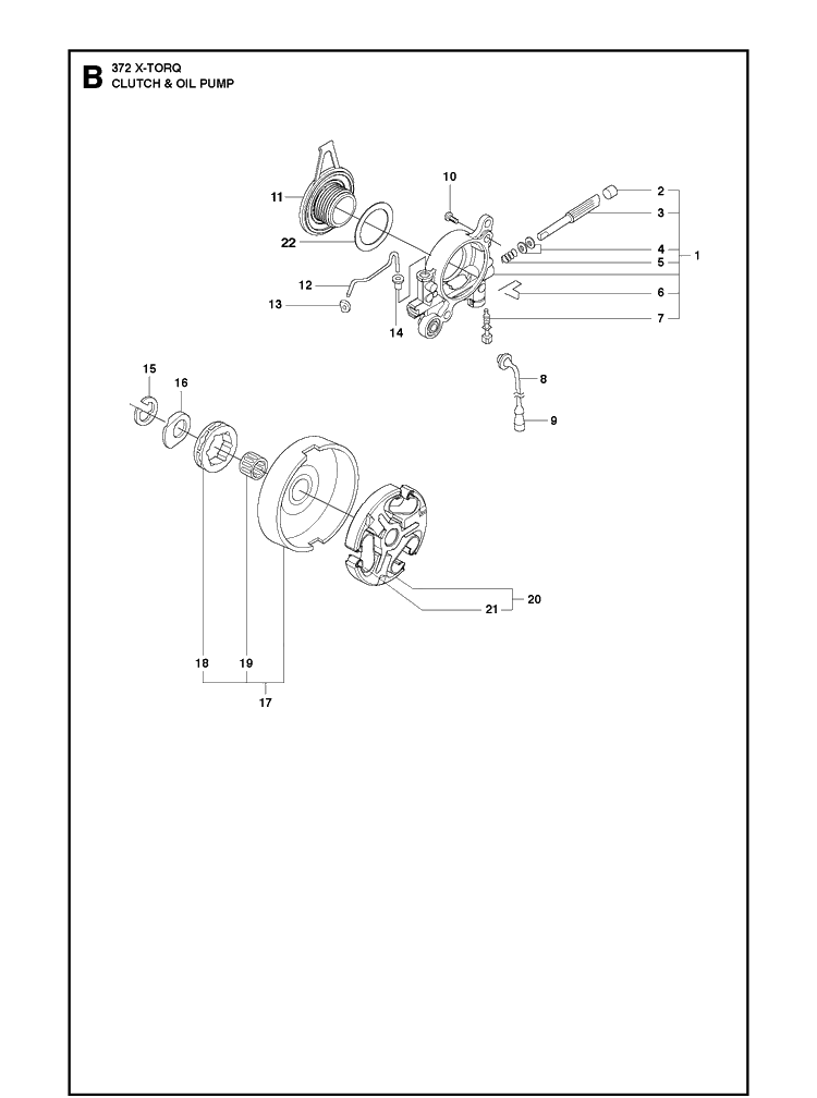Clutch And Oil Pump 4 Diagram and Parts List for XPG X-TORQ Husqvarna Chainsaw