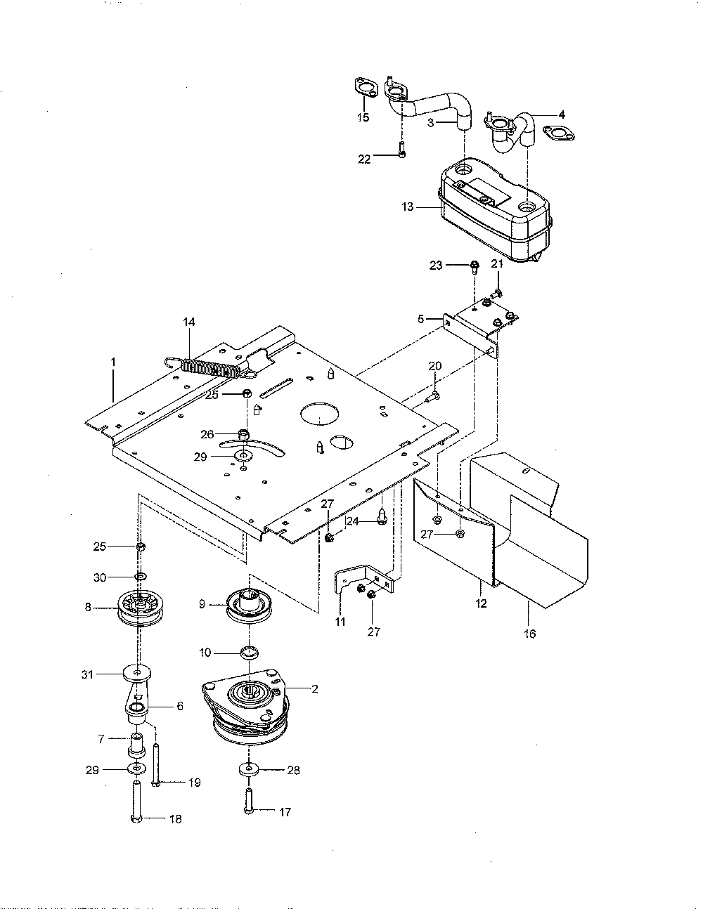 Engine mounting/guard/muffler Diagram and Parts List for  Husqvarna Lawn Mower