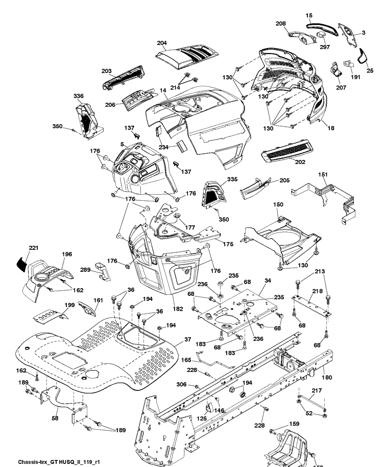 Chassis And Enclosures Diagram and Parts List for LGT2654 (96045003700)(2011-09) Husqvarna Lawn Tractor