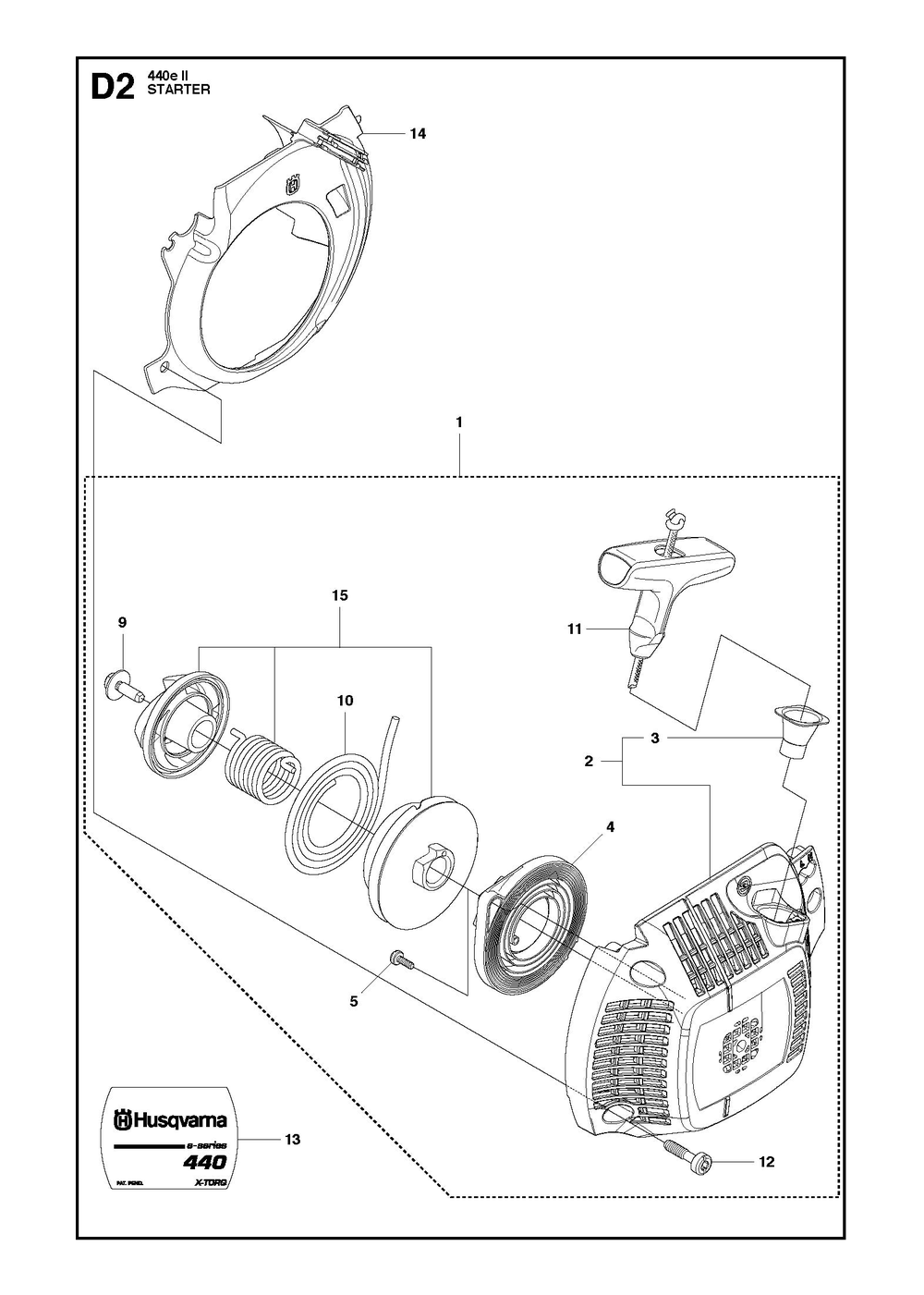 Starter Diagram and Parts List for e-series II Husqvarna Chainsaw
