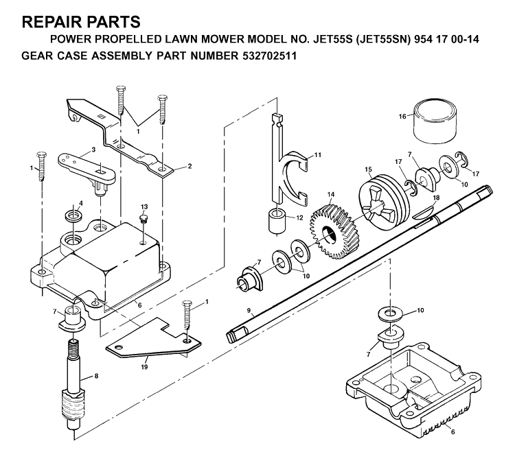 Gear Case Diagram and Parts List for JET55-JET55SN 2000-02 Husqvarna Lawn Mower