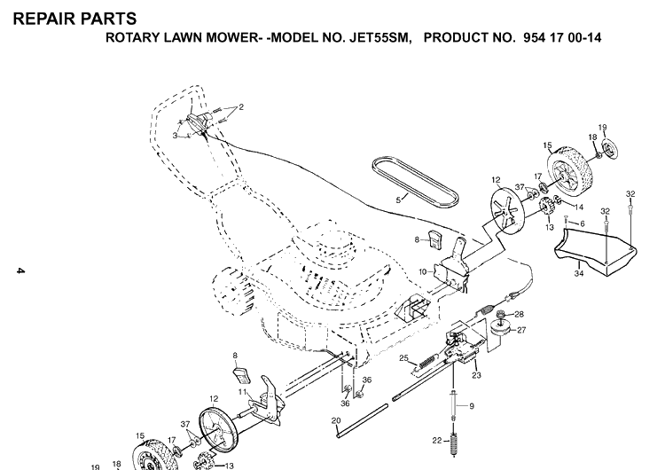 Drive Diagram and Parts List for JET55-JET55SM 1999-02 Husqvarna Lawn Mower