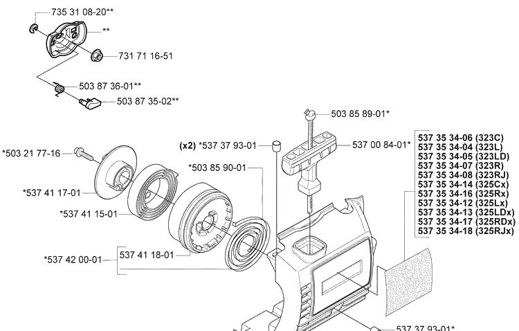 Starter Assembly 1 Diagram and Parts List for 2005-05 Husqvarna Brush Cutter