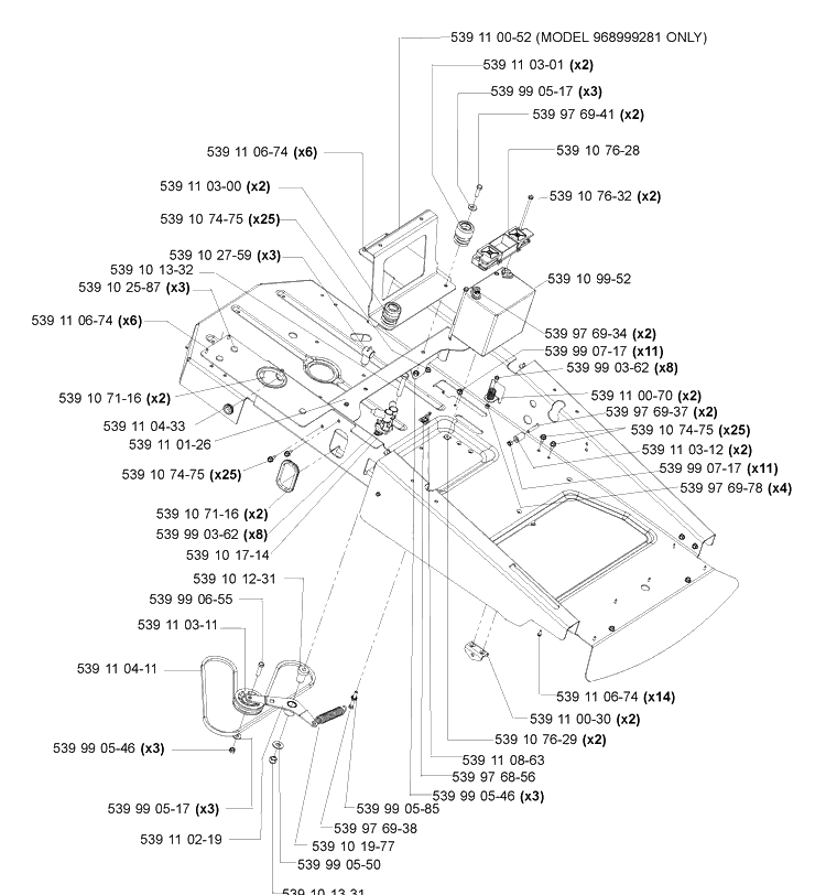 Main Frame (Part 2) Diagram and Parts List for 2004-11 Husqvarna Lawn Mower