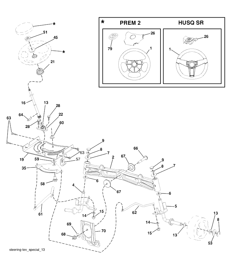 Steering Assembly Diagram and Parts List for (96043004900)(2008-03) Husqvarna Lawn Mower