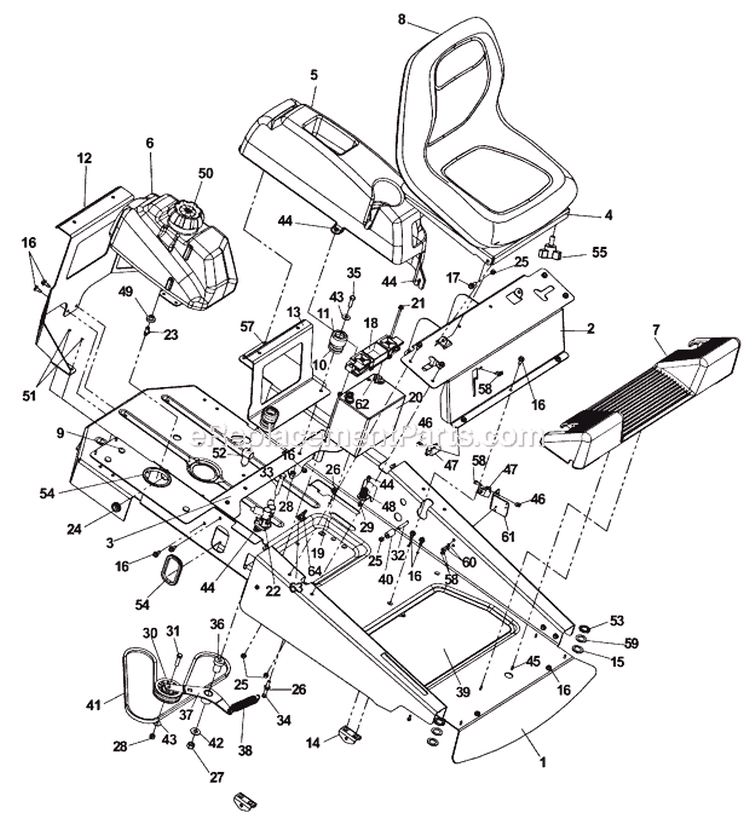 Main Frame Diagram and Parts List for  Husqvarna Lawn Tractor