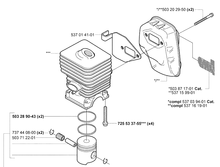 Piston/Cylinder Diagram and Parts List for 2005-05 Husqvarna Brush Cutter