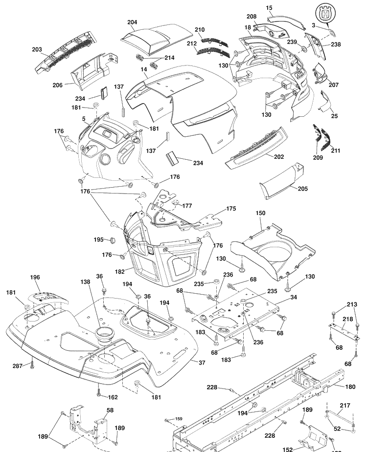 Chassis Diagram and Parts List for (96045002100)(2009-08) Husqvarna Lawn Mower