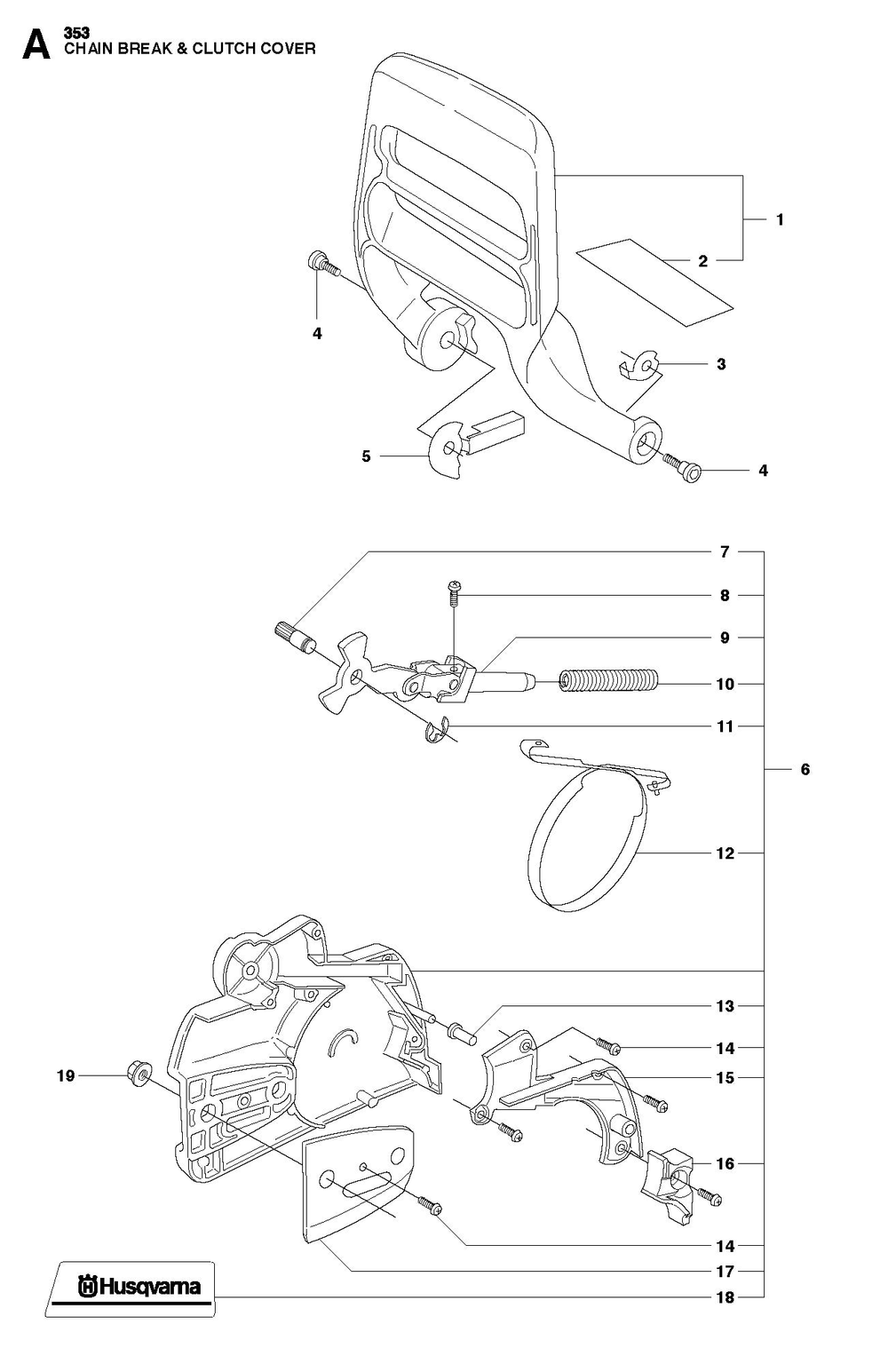 Chain Brake And Clutch Cover Diagram and Parts List for 353E-tech-353G E-tech Husqvarna Chainsaw