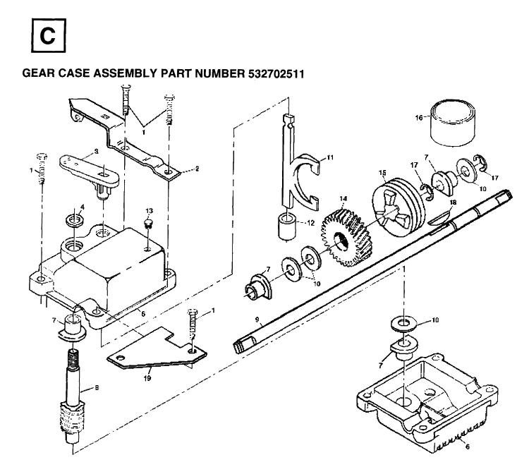 Gear Case Diagram and Parts List for JET55  Husqvarna Lawn Mower