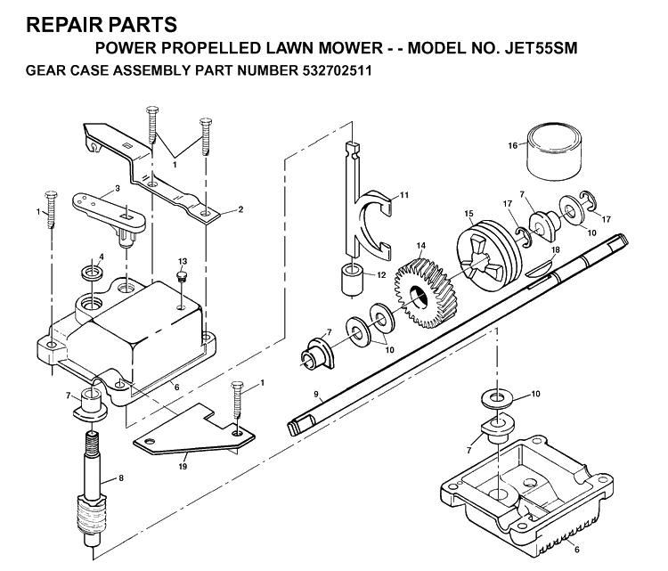 Gear Case Diagram and Parts List for JET55-JET55SM 1999-02 Husqvarna Lawn Mower