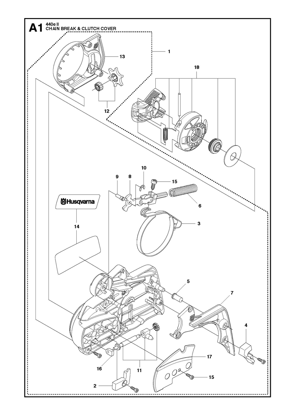 Chain Brake And Clutch Cover Diagram and Parts List for e-series II Husqvarna Chainsaw
