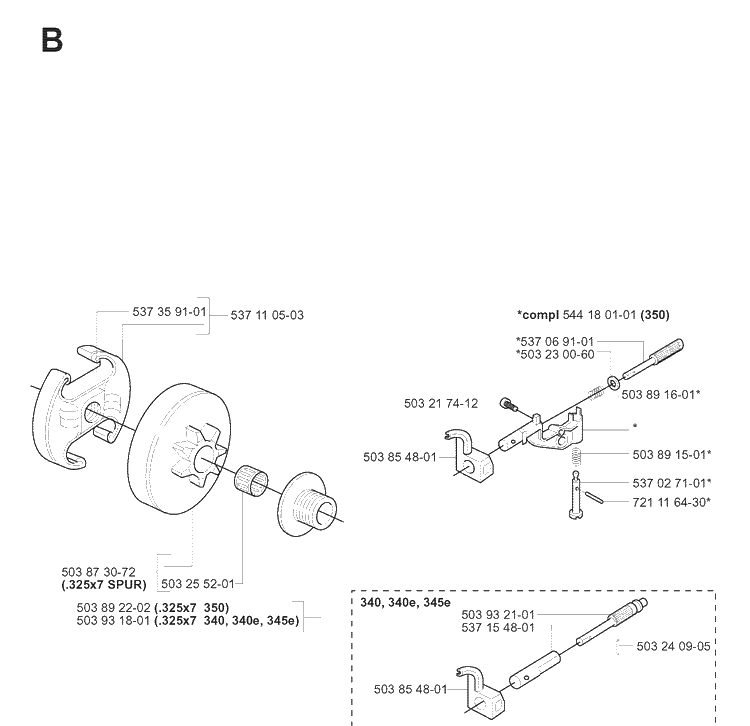 Clutch And Oil Pump Diagram and Parts List for 20070100001-Current Husqvarna Chainsaw