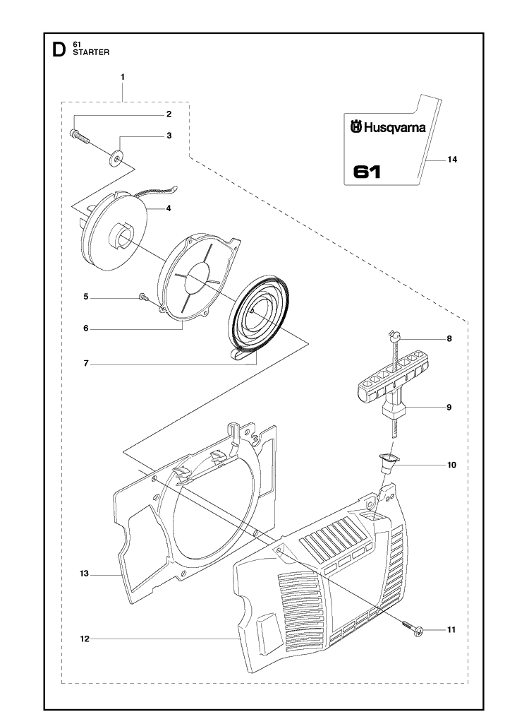 Starter Diagram and Parts List for 20162700001-20173200000 Husqvarna Chainsaw