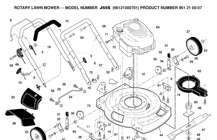 Frame And Engine Diagram and Parts List for J55S (961210007)(2006-03) Husqvarna Lawn Mower
