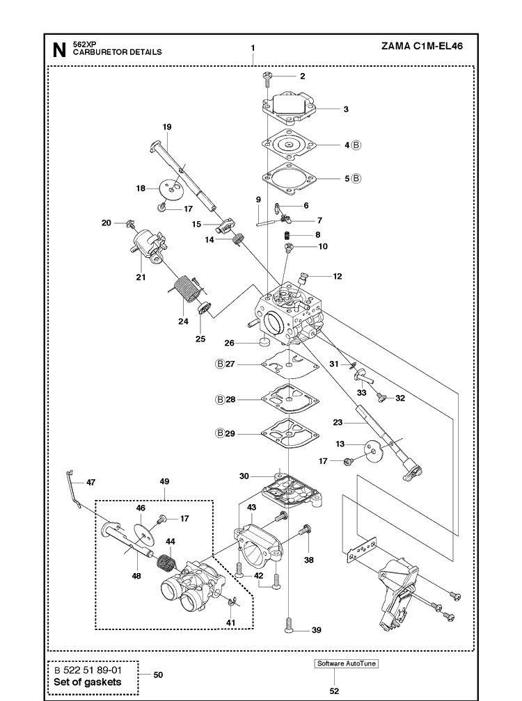 Carburetor Details Diagram and Parts List for 2013-01 Husqvarna Chainsaw