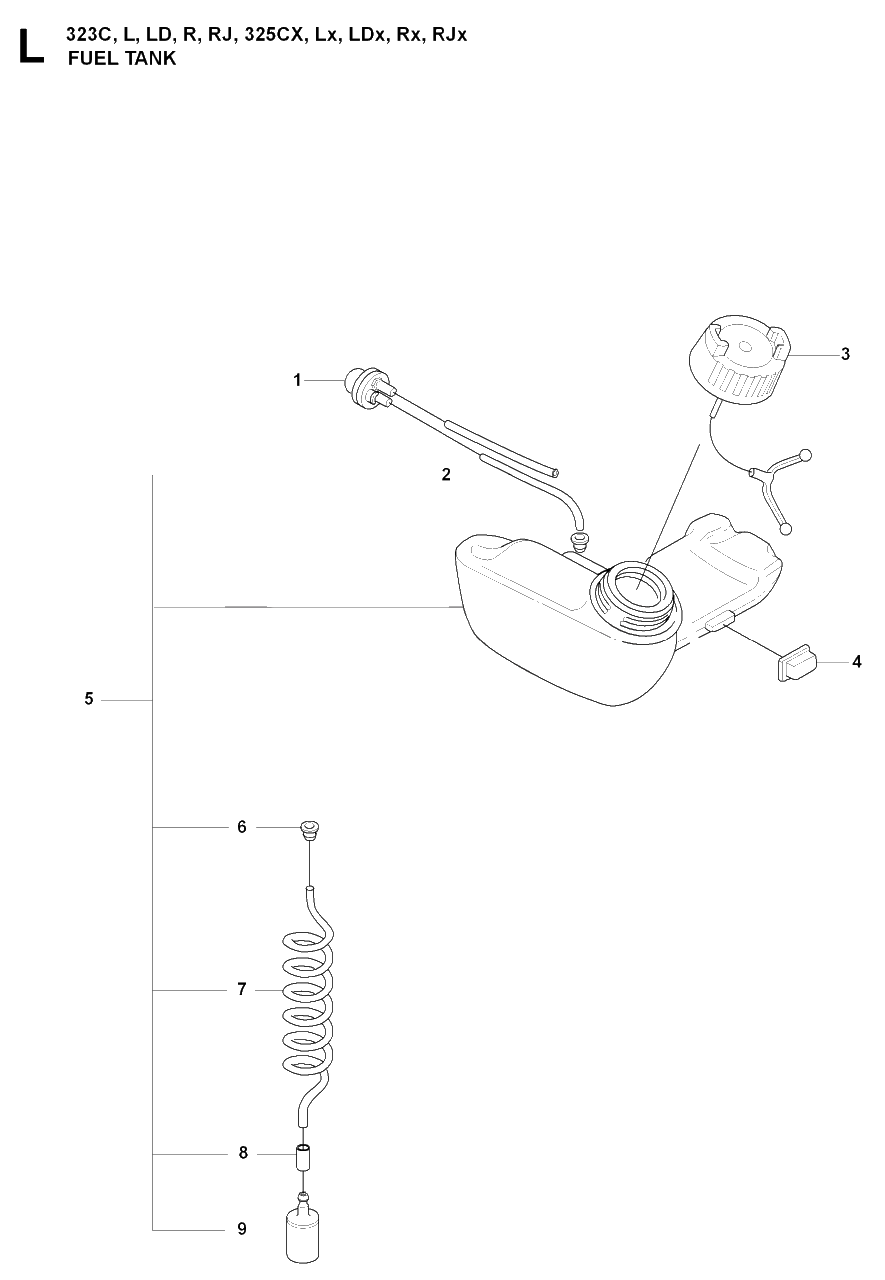 Fuel Tank Diagram and Parts List for 20080900001 & Above Husqvarna Trimmer