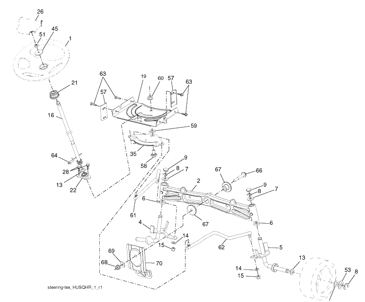 Steering Assembly Diagram and Parts List for (96043010100)(2010-04) Husqvarna Lawn Mower