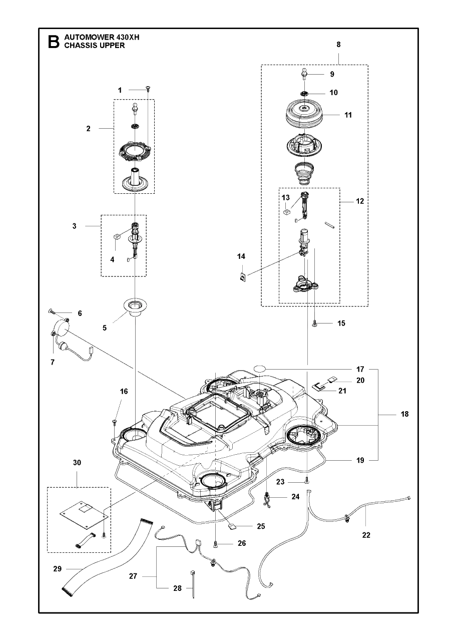 Chassis Upper Diagram and Parts List for 2020 Husqvarna Lawn Mower