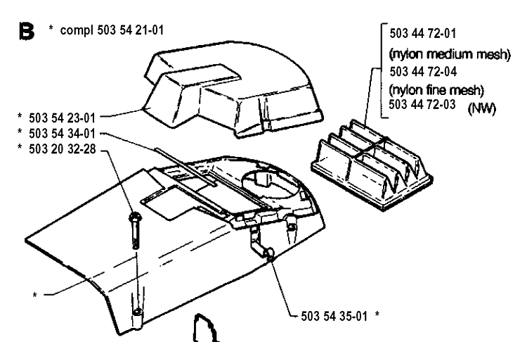 Air Filter Cover Diagram and Parts List for 19942300001-19960100000 Husqvarna Chainsaw
