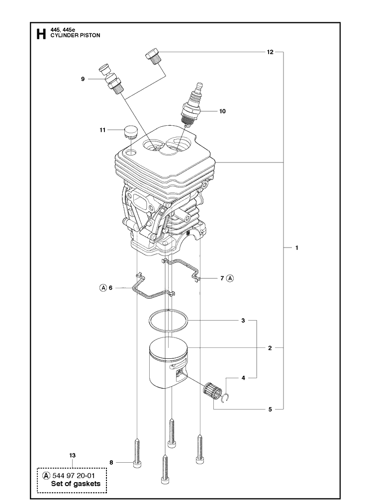 Cylinder Piston Diagram and Parts List for  Husqvarna Chainsaw
