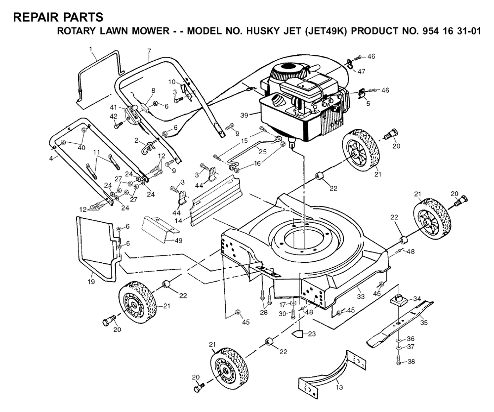 Product Complete Diagram and Parts List for JET49 (954163101-K)(2001-03) Husqvarna Lawn Mower