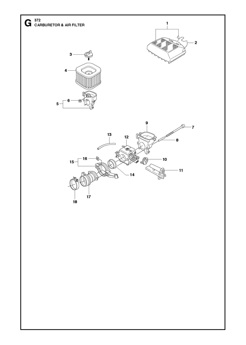 Carburetor And Air Filter Diagram and Parts List for 372 XP W - 372 XP GW Husqvarna Chainsaw