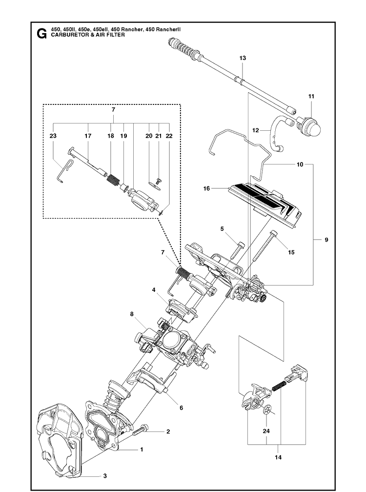 Carburetor And Air Filter Diagram and Parts List for 450II-450E-450EII-450 RANCHER-450 RANCHERII Husqvarna Chainsaw