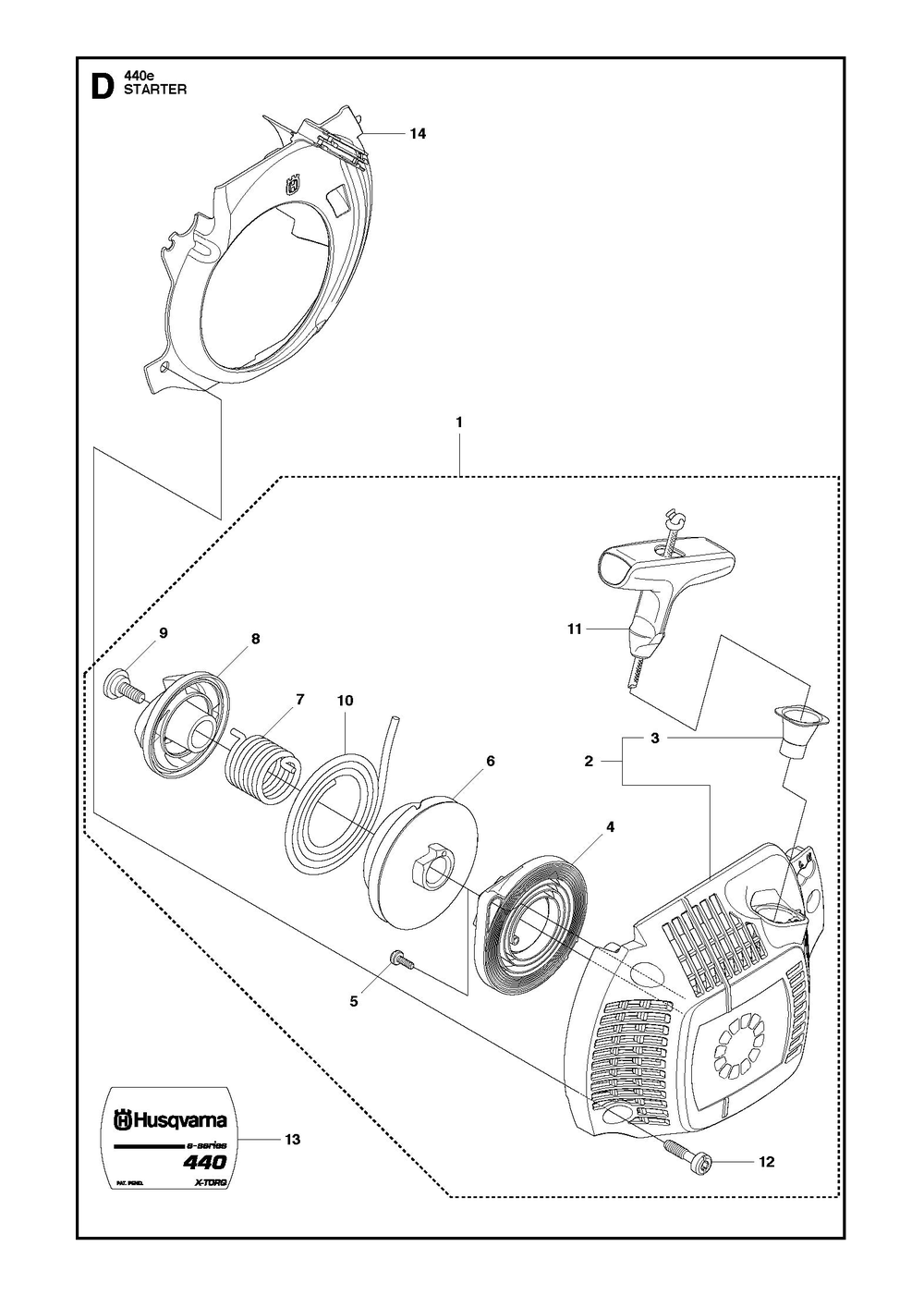 Starter Diagram and Parts List for e-series Husqvarna Chainsaw