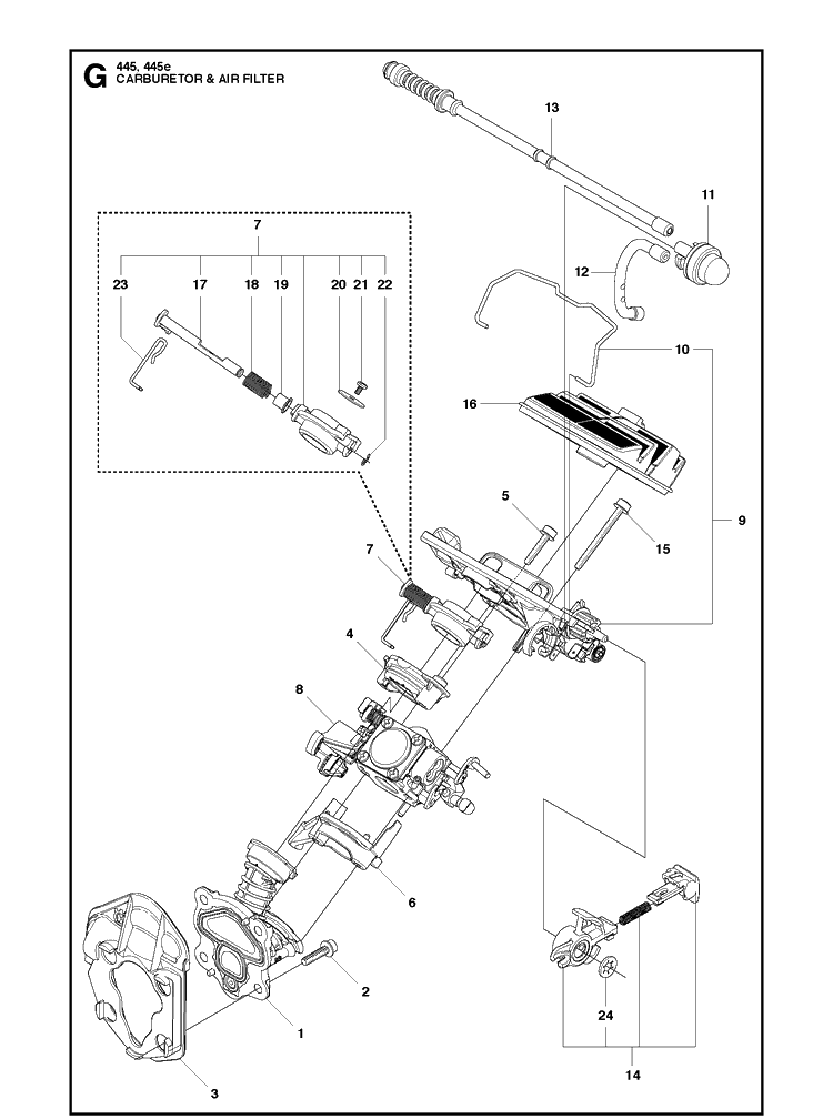 Carburetor And Air Filter Diagram and Parts List for  Husqvarna Chainsaw