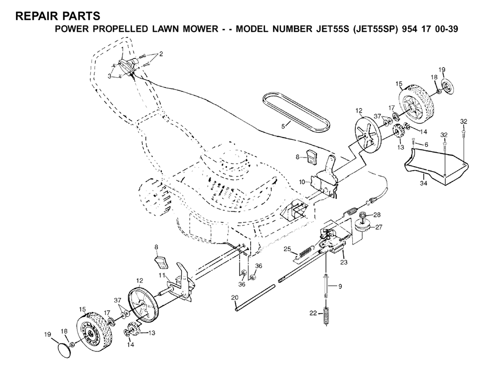 Drive Diagram and Parts List for JET55 (954170039-P)(2001-03) Husqvarna Lawn Mower