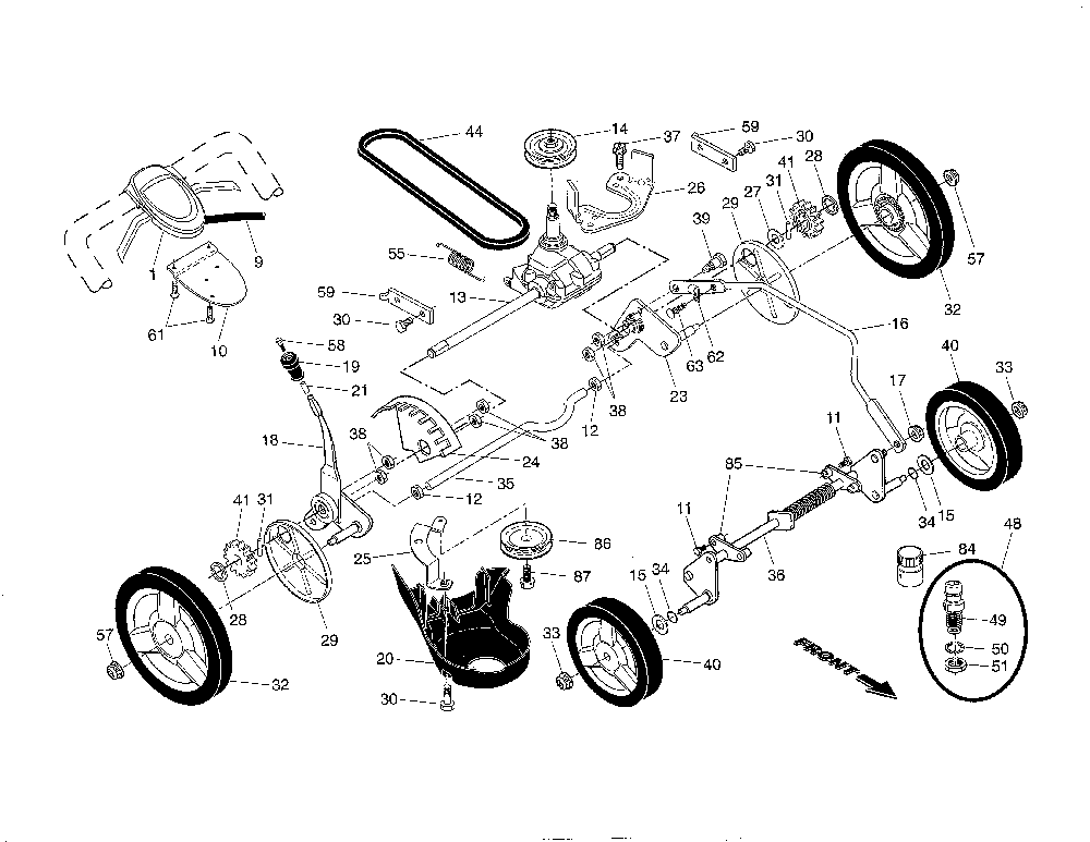 Drive control/gear case/wheels Diagram and Parts List for  Husqvarna Lawn Mower