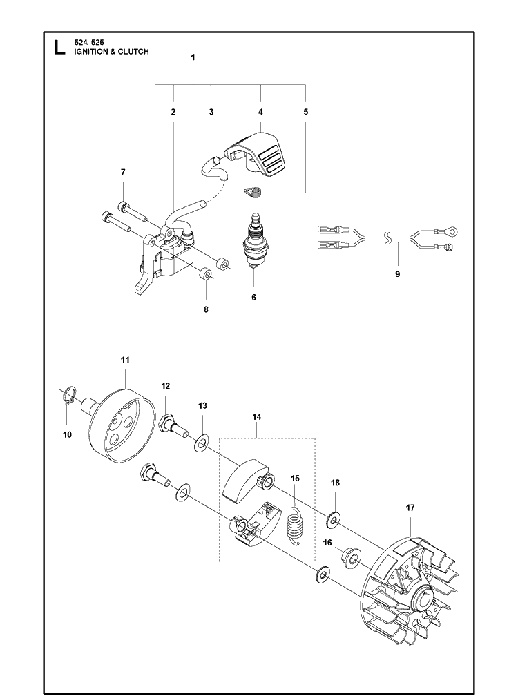 Ignition System Clutch Diagram and Parts List for 2013-03 Husqvarna Brush Cutter